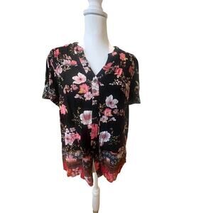 KNOX ROSE SHORT SLEEVE BUTTON UP BLACK WITH ROSE PATTERN WOMENS MEDIUM
